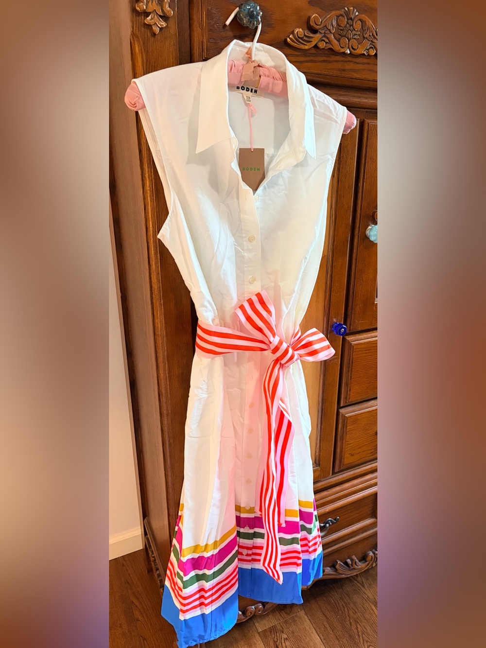Boden White Sleeveless Shirt Dress with Red and Pink Striped Sash